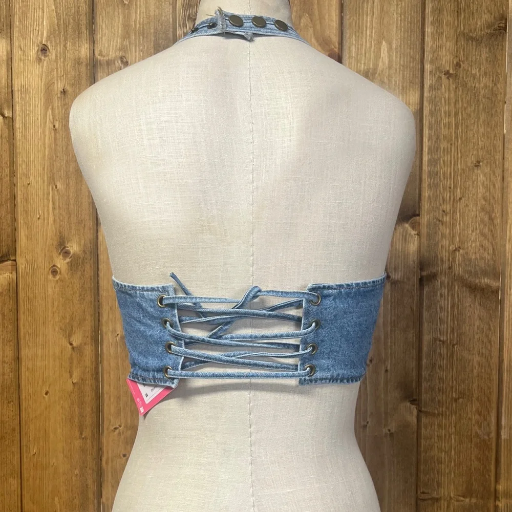 NWT Edikted Medium Denim Corset Cropped Halter Top - Picture 5 of 8